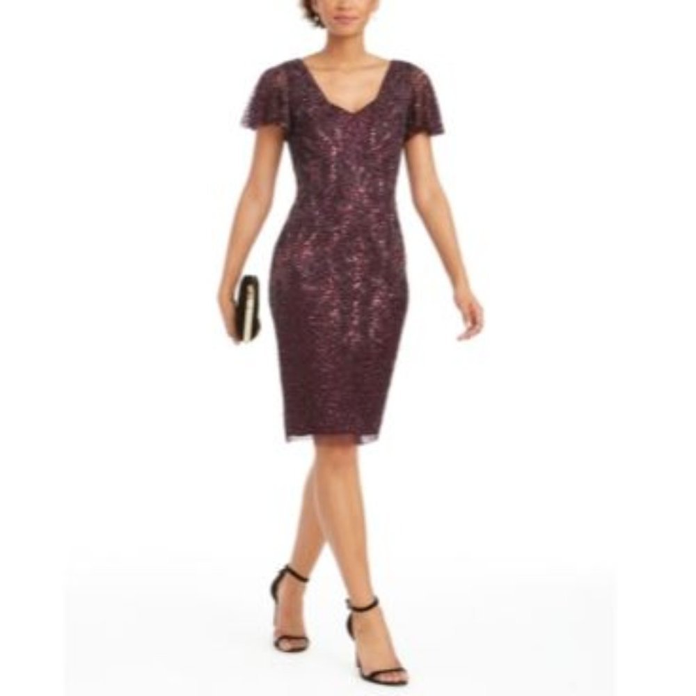 Adrianna Papell Woman's Beaded V Neck Cocktail Dress, Purple, 6